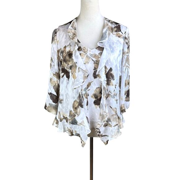 Alex Evenings Brown and White Watercolor Floral Tank Top and Jacket Set - Picture 1 of 16